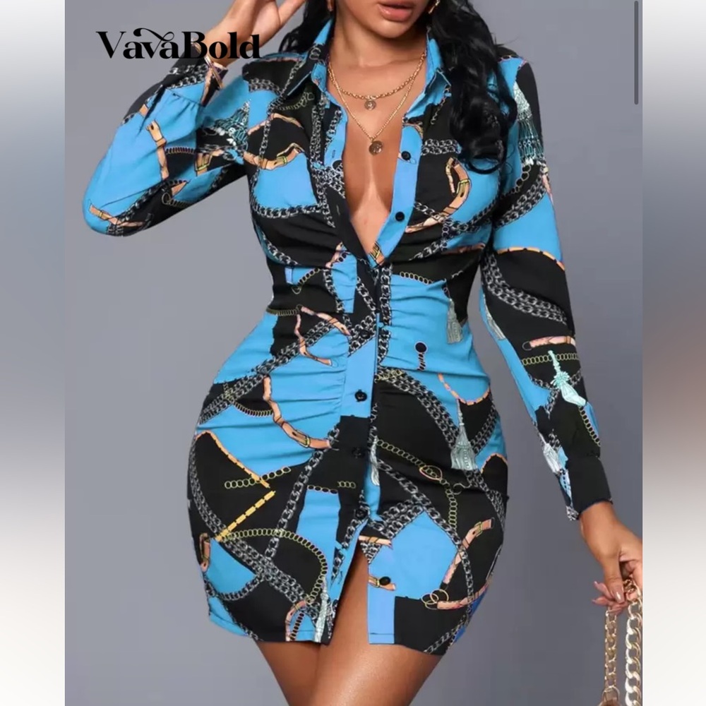 Elegant Blue Chain Print Long Sleeve Dress